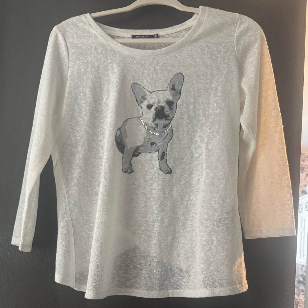 Max Jeans White Long Sleeve Tee with Frenchie Graphic